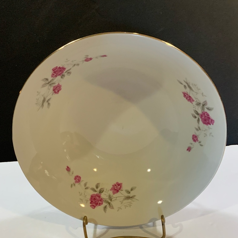 Serving Bowl Pink Roses Gold tone trim 9 in Diameter Vintage #16 - Picture 3 of 6